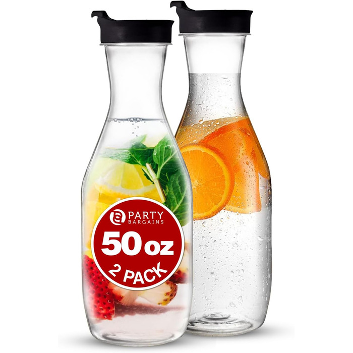 Party Bargains Plastic Carafe with Lid, Transparent, 2 Pack, Black Flip-Top Lid, Premium Quality and Robust Plastic Jug for Iced Tea, Powdered Juice, Cold Drinks, Mimosa Bar, 1.5 L