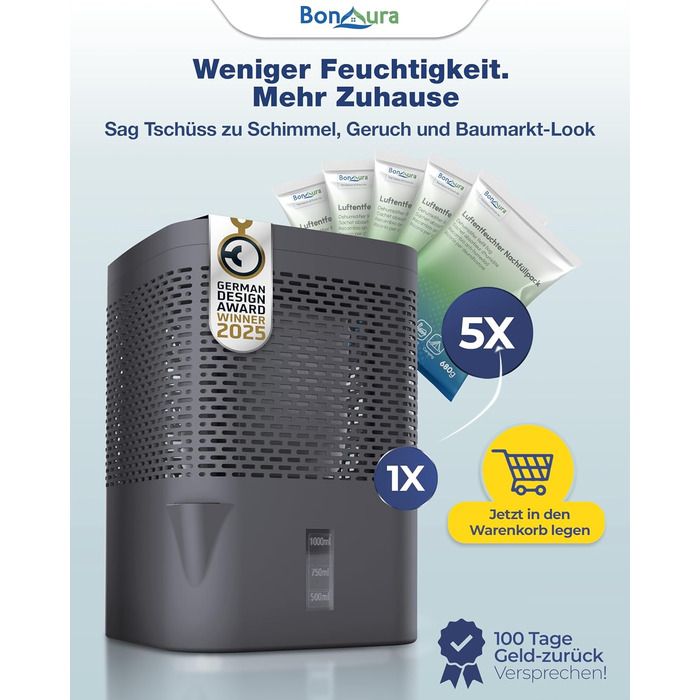 Зволожувач повітря BonAura® без струму до 23 м² | 360° вентиляція | Рамковий зволожувач з виливом & 5 x 680 г гранульоване зволожувальне речовина | Захист від цвілі та запахів | Рамковий зволожувач для квартири Airone Grey + 5 X гранульоване зволожувальне