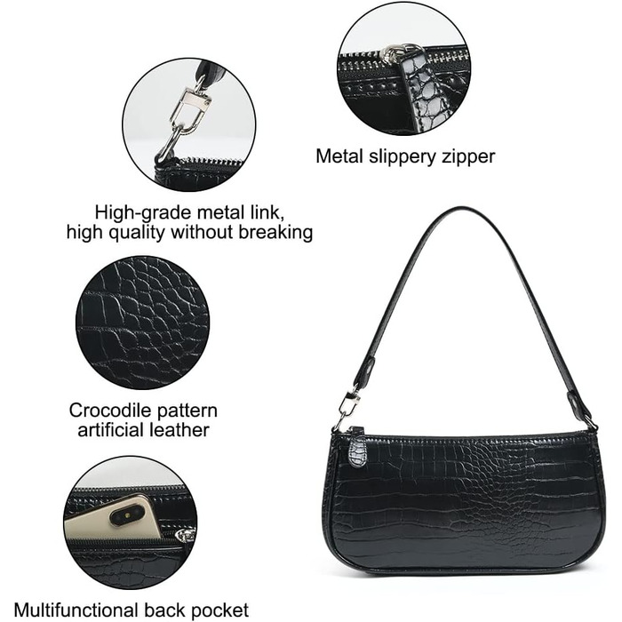 Сумка жіноча через плече міні, вінтажна, ретро стиль, чорна, з тисненням під крокодила. Маленька сумка-бохо для дівчат