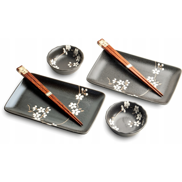 Набір керамічного посуду для суші Edo Japan Anemone Black, чорний у квітів, на 2 особи