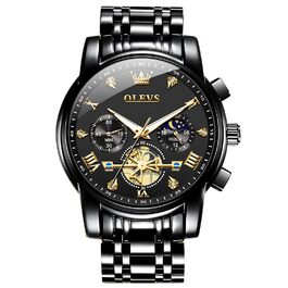 Годинник чоловічий OLEVS з металевим ремінцем, кварцовий, з місячною фазою, хронограф, водонепроникний, чорний (2856)