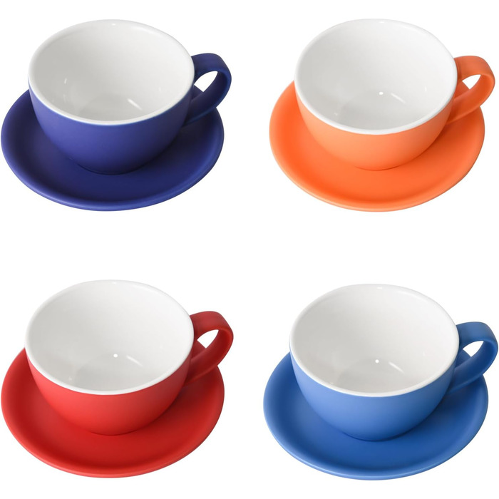 Набір кавових чашок каппучіно Yundu 4 шт. по 300 мл – керамічні чашки з блюдцями, матова палітра темних відтінків для латте-арт та бариста, великий набір мока чашок та блюдцят у змішаних матових кольорах