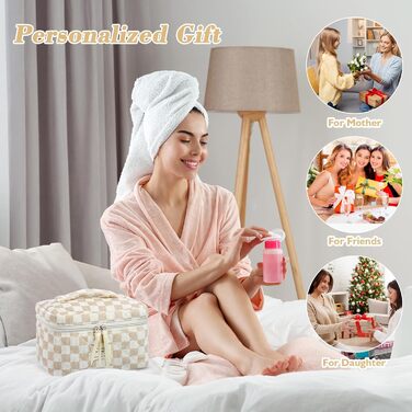 Набір косметичок 3 шт. з квітковим принтом, для подорожей та повсякденного використання | Косметичка для макіяжу для жінок та дівчат. Хакі в клітинку