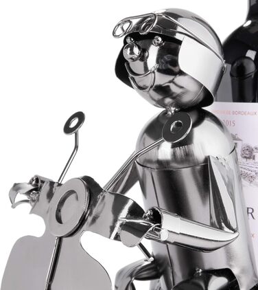 BRUBAKER Wine Bottle Holder Scooter Rider Silver - Metal Sculpture Bottle Stand - 27 cm Metal Figure Wine Gift for Scooter Fans - with Greeting Card