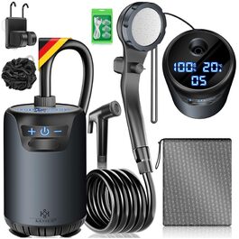 Сонярна душова кабіна KESSER® з насосом та акумулятором 8000mAh. Комплект для кемпінгу: регульована лійка, 2м шланг, пістолет-розпилювач, кріплення. Без бака. Чорний колір
