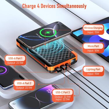Портативний зарядний пристрій 63200mAh з сонячною панеллю: Power Bank з 3 сонячними панелями, 22.5W USB-C, швидка зарядка, SOS ліхтарик, цифровий дисплей, для кемпінгу, чорно-оранжевий