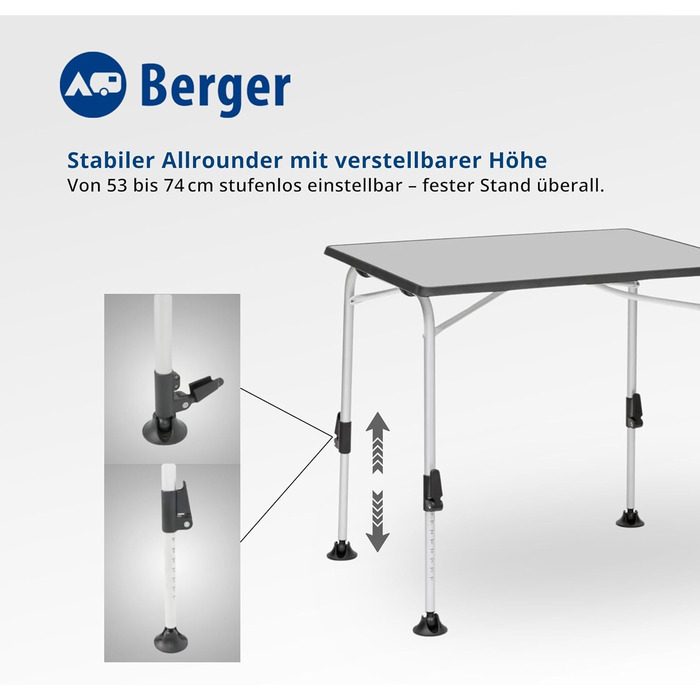 Стіл кемпінговий розкладний BERGER Ivalo 2, 80x60 см, алюмінієвий, регульована висота, для саду, балкону, тераси