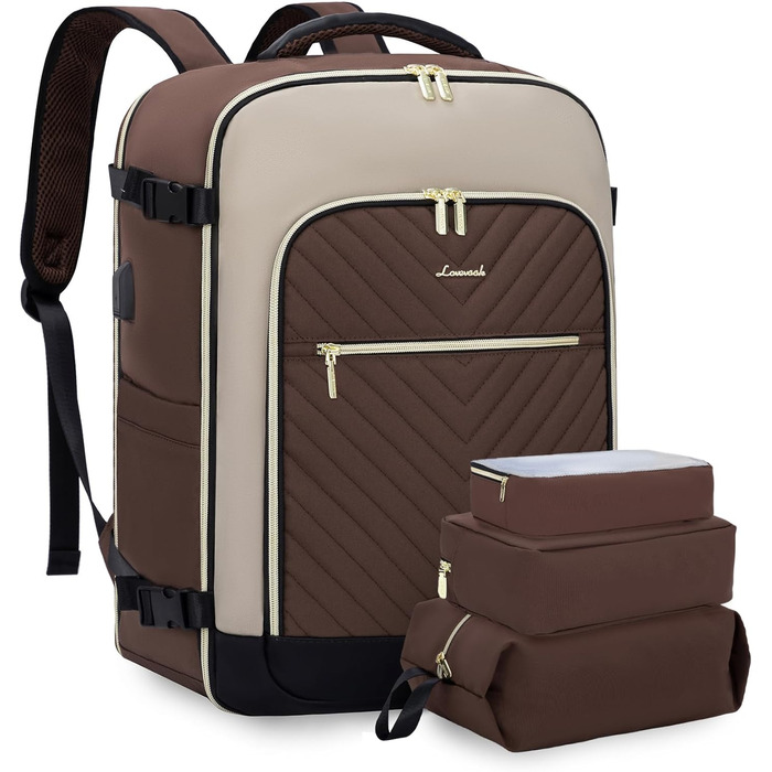 Рюкзак-валіза LOVEVOOK для жінок, 40L, ручна поклажа, водонепроникний, для ноутбука, подорожей, бізнесу (17.3 дюйми, темно-кававий, абрикосовий, чорний)