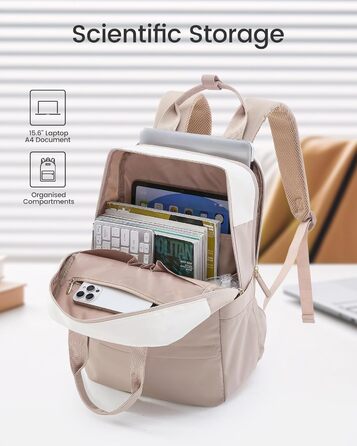 Рюкзак для ноутбука LOVEVOOK, 15.6 дюймів, жіночий, для школи/університету, подорожей, робочі будні. Водостійкий, елегантний, для дівчат-підлітків. Колір: бежево-рожевий