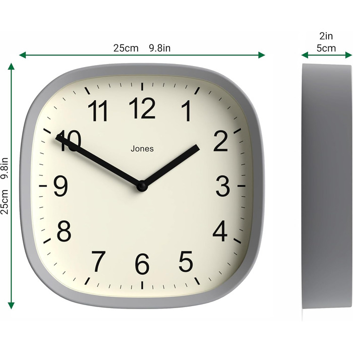 JONES CLOCKS Square Retro Wall Clock made of high-quality acrylic, 'Sprite' in Mint 25 x 25 x 5 cm (Gray)