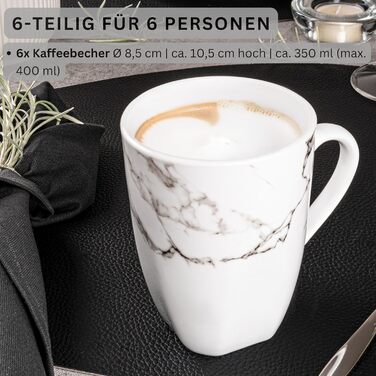 Singer | Bilgola Marble 6-Piece Coffee Cup Set, Porcelain Coffee Cups for 6 People, Dishwasher-Safe Coffee Cups & Mugs Set for Coffee & Tea, 350 ml | PREMIUM COLLECTION