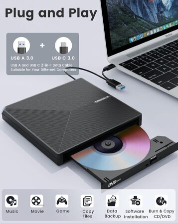 Зовнішній DVD-привід ORIGBELIE USB 3.0 та Type-C, портативний DVD-записувач для ноутбука та ПК