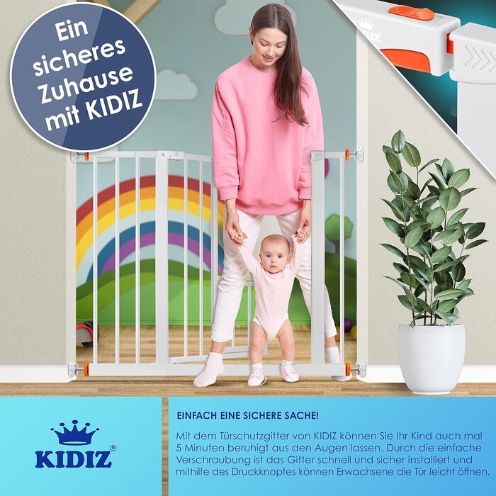 Захисне ворота KIDIZ для котів з люком, без свердління, для дітей, біле | 90° фіксація, поворотне, ширина: 88-101 см, помаранчевий