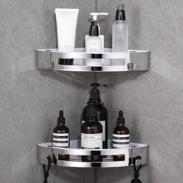 DUFU Shower Shelf Corner Shelf No Drilling for Bathroom Self-Adhesive Wall Mount SUS304 Stainless Steel and ABS Shower Shelf Corner Shower Basket Shower Shelves with 2 Hooks for Bathroom Organizer Corner Shelf 2 Pieces Silver