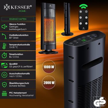 Обігрівач KESSER® 2000W з пультом керування, керамічний, тихий, з осциляцією, таймером, чорний