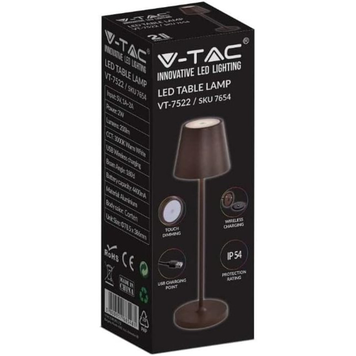 LED-лампа настільна V-TAC VT-7522 бездротова диммерна з сенсорним керуванням, акумулятор 4400 mAh, тепле світло 3000K, IP54 для дому та вулиці