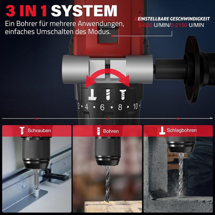 Акумуляторний дриль-шуруповерт SundpeyPRO 21V з перфоратором, 120 Нм, безщітковий двигун, комплект з 2 x 4000mAh акумуляторами, 20+3 ступені крутного моменту, LED-підсвітка