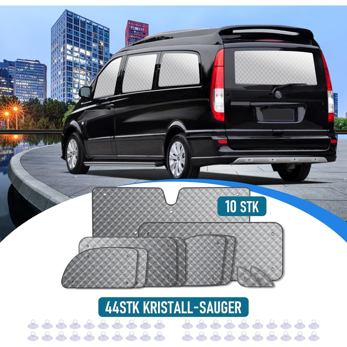Теплоізоляційний комплект MaxAwe з 10 термоматів для Mercedes VITO II W639/Viano 2003-2014 (коротка база L2), внутрішні автошторки на лобове скло, сонцезахисні та затемнювальні термощітки