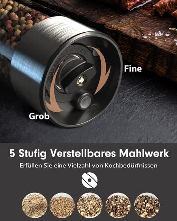 Електричні перечниці та солінки 2 в 1 з нержавіючої сталі, акумуляторні, з LED-підсвічуванням та регульованим керамічним жорном, з щіткою для чищення