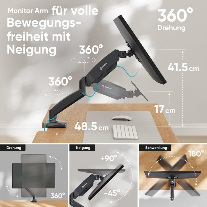 Кріплення для монітора ONKRON G80-B/G80T-B: газ-амортизатор, поворотний, нахильний, VESA 75x75-100x100, для моніторів 13-32 дюймів, до 8 кг