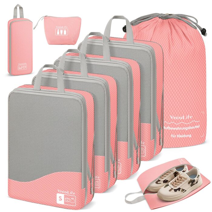 Набір кубиків-органайзерів для валізи VnioLife (8 шт.) - компресійні, для подорожей, блакитний/рожевий