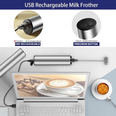 Електричний спінювач молока USB, перезаряжається, 2 швидкості, нержавіюча сталь, ручний спінювач молока з 3 насадками, портативний, бездротовий, для капучино, лате, кави, соусів