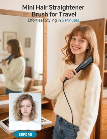 LANDOT Міні випрямляч для волосся 2-в-1: випрямляч та щітка для волосся. Компактний випрямляч для короткого та середнього волосся (Чорний)