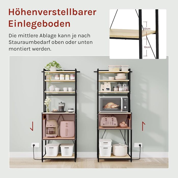 Кухонна полиця WOLTU з 6 ярусами, з розетками, для мікрохвильової печі, з металевим каркасом, регульовані полиці, Чорний+Рустикальний коричневий, 60 x 167 x 40 см