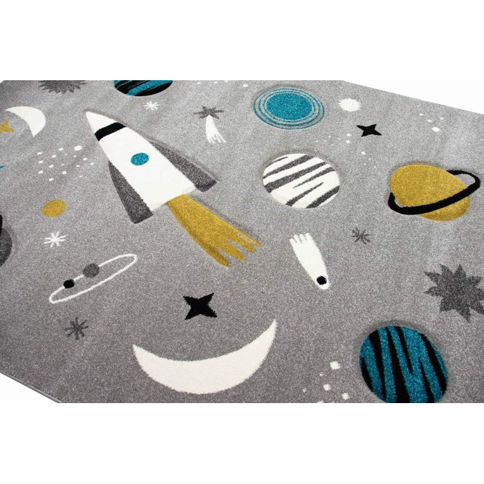 Merino Kids Space Learning Rug with Spaceship, Stars, and Planets in Gray, Size 200 x 290 cm