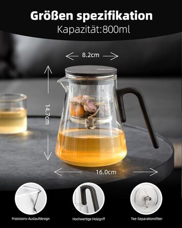 Чайник ZENS Magic з боросилікатного скла з ситом, 800 мл, з магнітним кришкою та ручкою з чорного горіха, для заварювання листового чаю