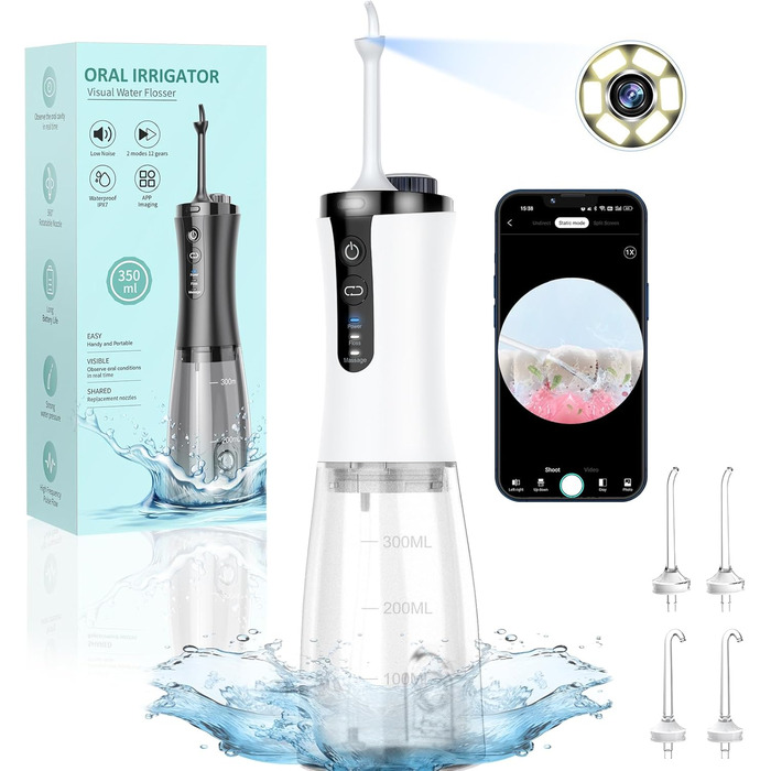Електричний ірригатор для порожнини рота VITCOCO 1080P WiFi, 350 мл, бездротовий, з 5 насадками, IPX7, білий