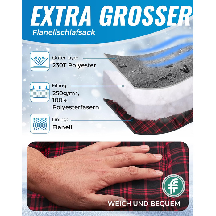 Сплячий мішок KingCamp XXL з бавовни фланелі для дорослих, великий, теплий, зимовий, для кемпінгу, подорожей та активного відпочинку на природі (4 сезони), 220x100 см (#Klassisch Grau)