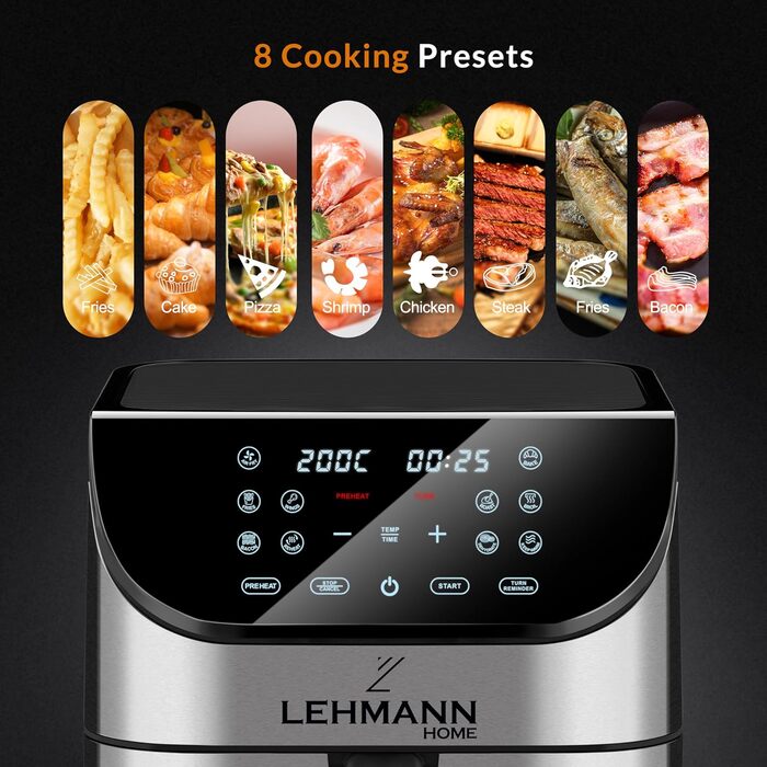 Аерофритюрниця Lehmann XXL 8 л, 1800 Вт, з LED-екраном, 10 програм, температурний режим 76-200°C, таймер, для здорового приготування без олії