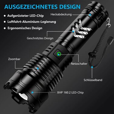 Ліхтарик Glarylight LED акумуляторний, 500000 люмен, надяскравий, зум, 5 режимів світла, водонепроникний IPX7, для вулиці та екстрених ситуацій