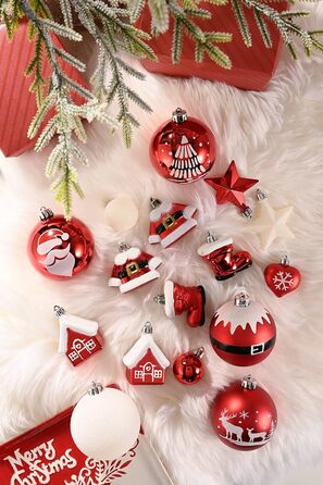 Набір ялинкових прикрас Valery Madelyn 50 шт. - кульки з пластику, червоно-білі, для ялинки, святкова декорaція