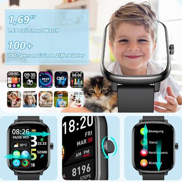 Смарт-годинник KALINCO для дітей та чоловіків, 1.69” з моніторингом серцевого ритму, сну, крокоміра та сповіщеннями про дзвінки/повідомлення. Чорний