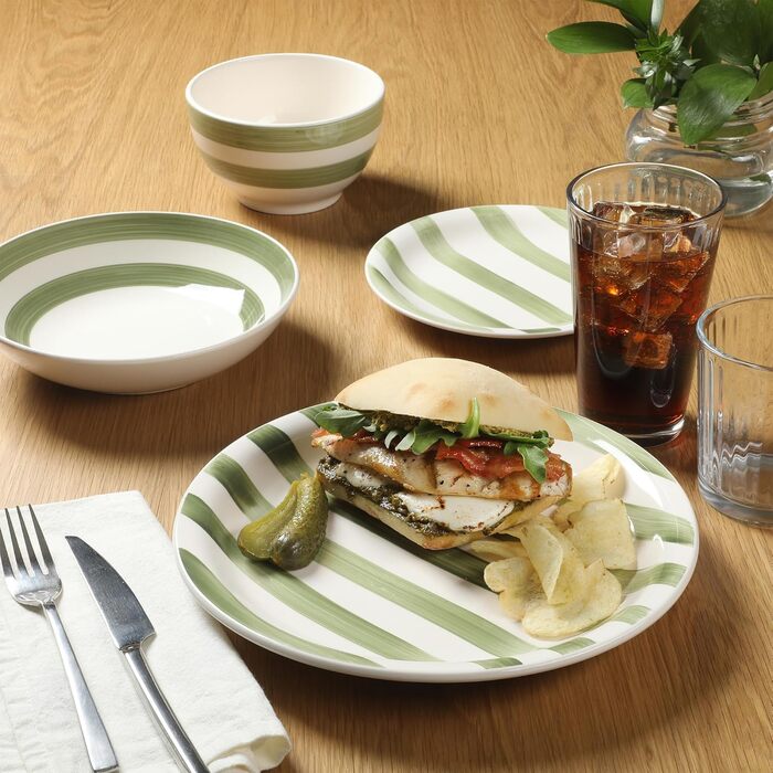 Сервіз Gibson Home Kenwood Shores, зелений в смужку, 16 предметів, ручна робота, для 4 осіб, посудомийна машина, мікрохвильова піч