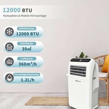 Мобільний кондиціонер SHINCO 12000 BTU (3,5 кВт) з виносним шлангом, охолодження, вентиляція, осушення, для приміщень до 90 м³, білий