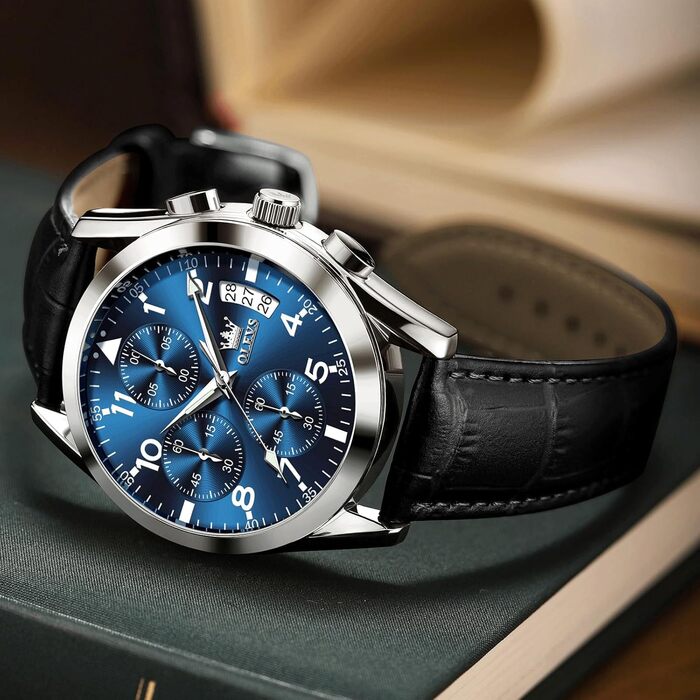 Годинник чоловічий OLEVS Vintage з шкіряним ремінцем, велике циферблат, водостійкий, з датою (2878, блакитний циферблат/чорний ремінець)