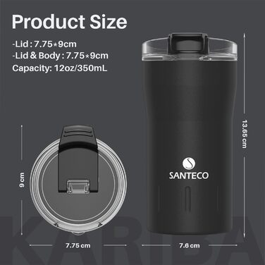 Термокружка SANTECO з нержавіючої сталі 18/8, подвійні стінки, ізольована, 350 мл, темно-зелена, з прозорою кришкою, BPA-free, витримує до 6 годин тепла, 100% без витоку