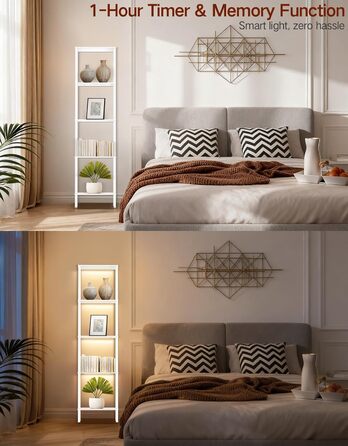 Стельова лампа з поличкою, LED, регулювання яскравості, 3 колірні температури, сенсорне управління та пульт, полиця для книг, дерев'яна, сучасний дизайн для вітальні, спальні, офісу (білий)