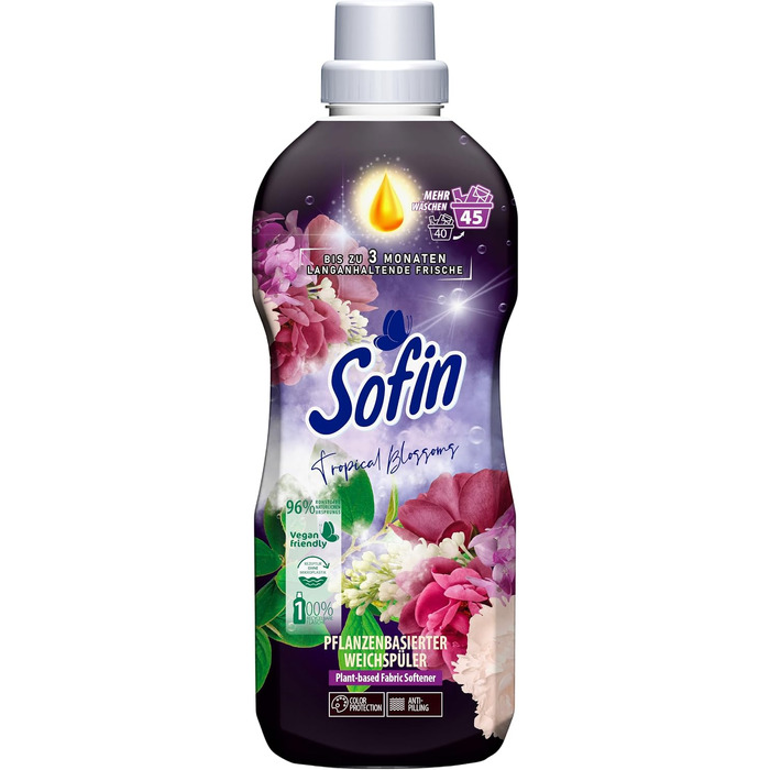 Набір кондиціонера для білизни Sofin Tropical Blossom, веганський, з ефектом проти котушкості, без мікропластику, 0.81 л x 10 шт (для 45 прань кожна пляшка)