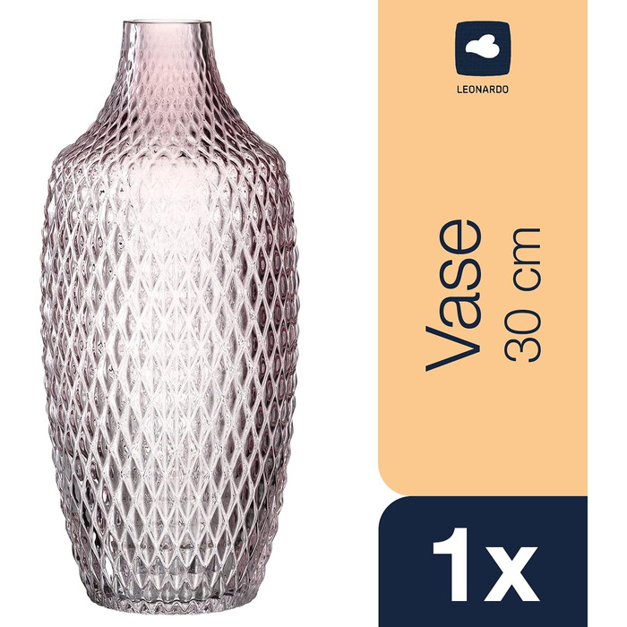 Ваза для квітів Leonardo Poesia, рожева, ручної роботи, скляна, 30 см, з рельєфним декором