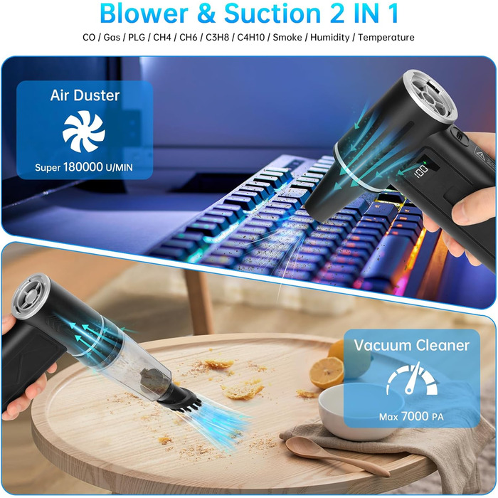 HERBYD 2-в-1 Електричний Пилосос-Обдув 180000 об/хв з Акумулятором 8000mAh та Цифровим Дисплеєм для Комп'ютера, Клавіатури, Дому та Автомобіля