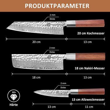 Кухонний ніж YOTSUBA Hackmesser 18 см, кухонний тесак з ергономічною ручкою Pakkawood, професійний ніж для м'яса та овочів, набір кухонних ножів 3 шт.