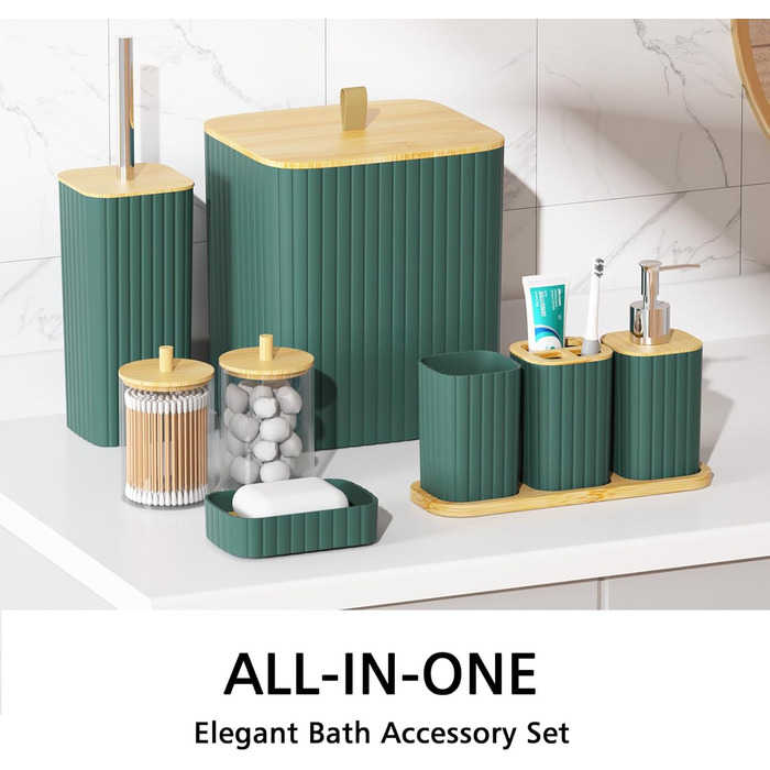 Набір для ванної кімнати Z ZONAMA 24 предмети: душовий завіс, килимок, відро, тримач для унітазу, дозатор мила. Зелений комплект для дому