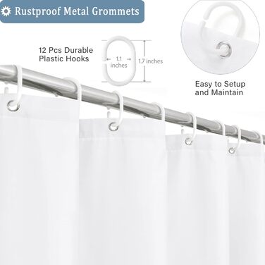 Штора для ванної кімнати біла 180x200 см, текстильна, водовідштовхувальна, антигрибкова, з кільцями - якісна штора для душу