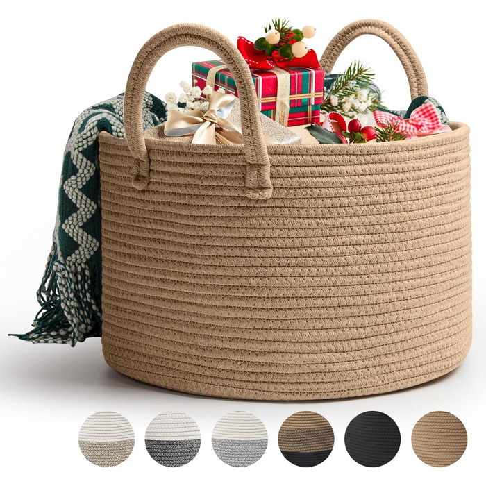 Rieeyrslza Laundry Basket for Blankets 32L Woven Laundry Collector Cotton Rope Basket Foldable Versatile Storage Basket with Handles Suitable for Living Room and Bedroom (Jute)