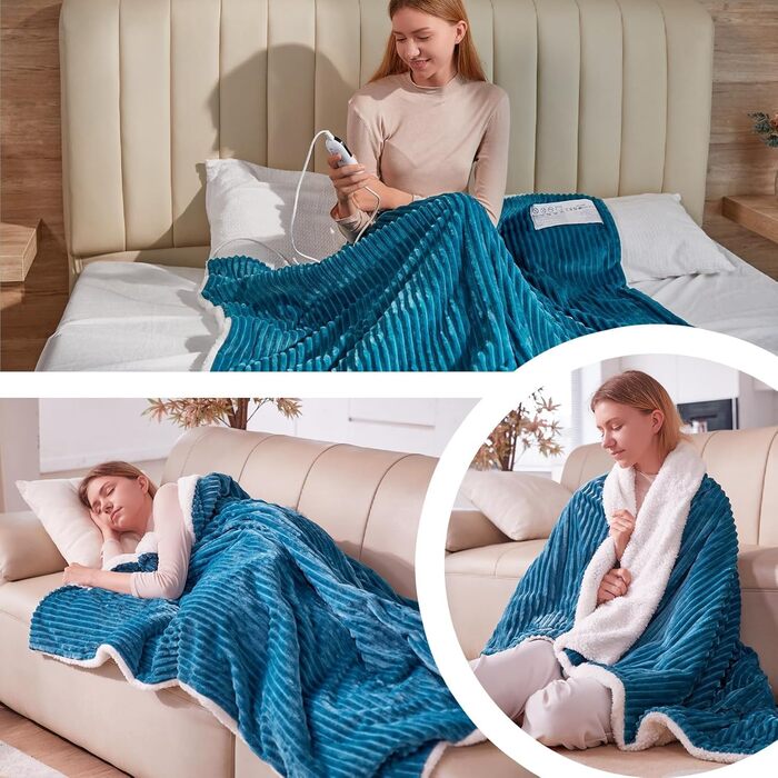 Електрична ковдра YDW з автовимкненням 180x200 см - тепла та затишна ковдра для ліжка з захистом від перегріву та можливістю прання (Турквіс)