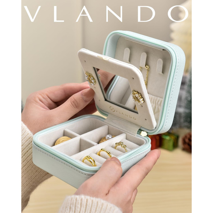 Скринька для прикрас Vlando, зелено-біла, з дзеркалом, для кілець та сережок, дорожня
